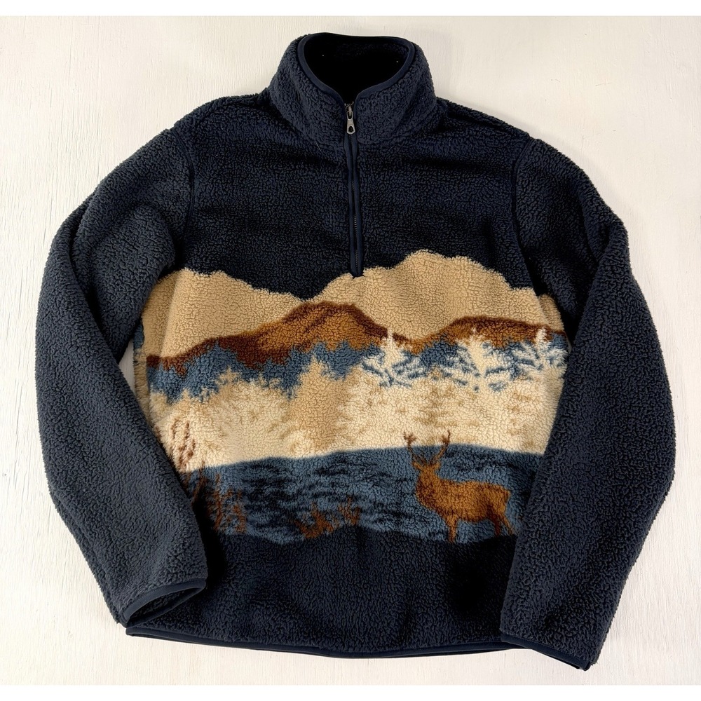 NEW Seasonal Old Navy Sherpa Graphic Quarter Zip Reindeer MOOSE Size S BLUE